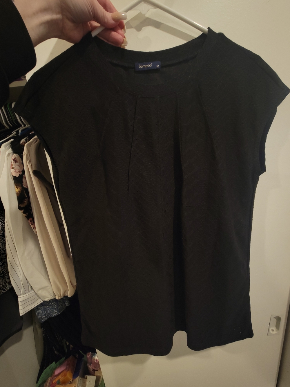 Soprano Black Cap-Sleeve Pleated Top